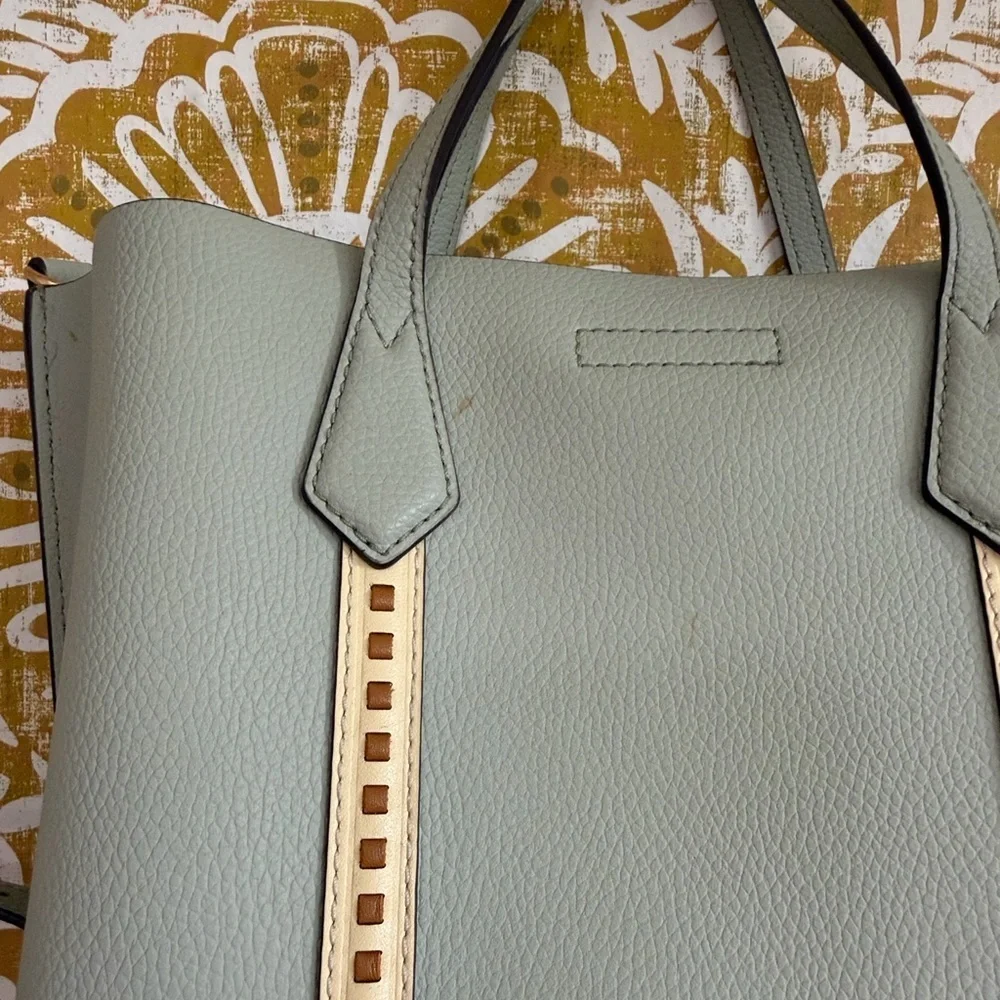Tory Burch Perry Small Pick-Stitch Triple Compartment Tote Bag Pine Frost $428